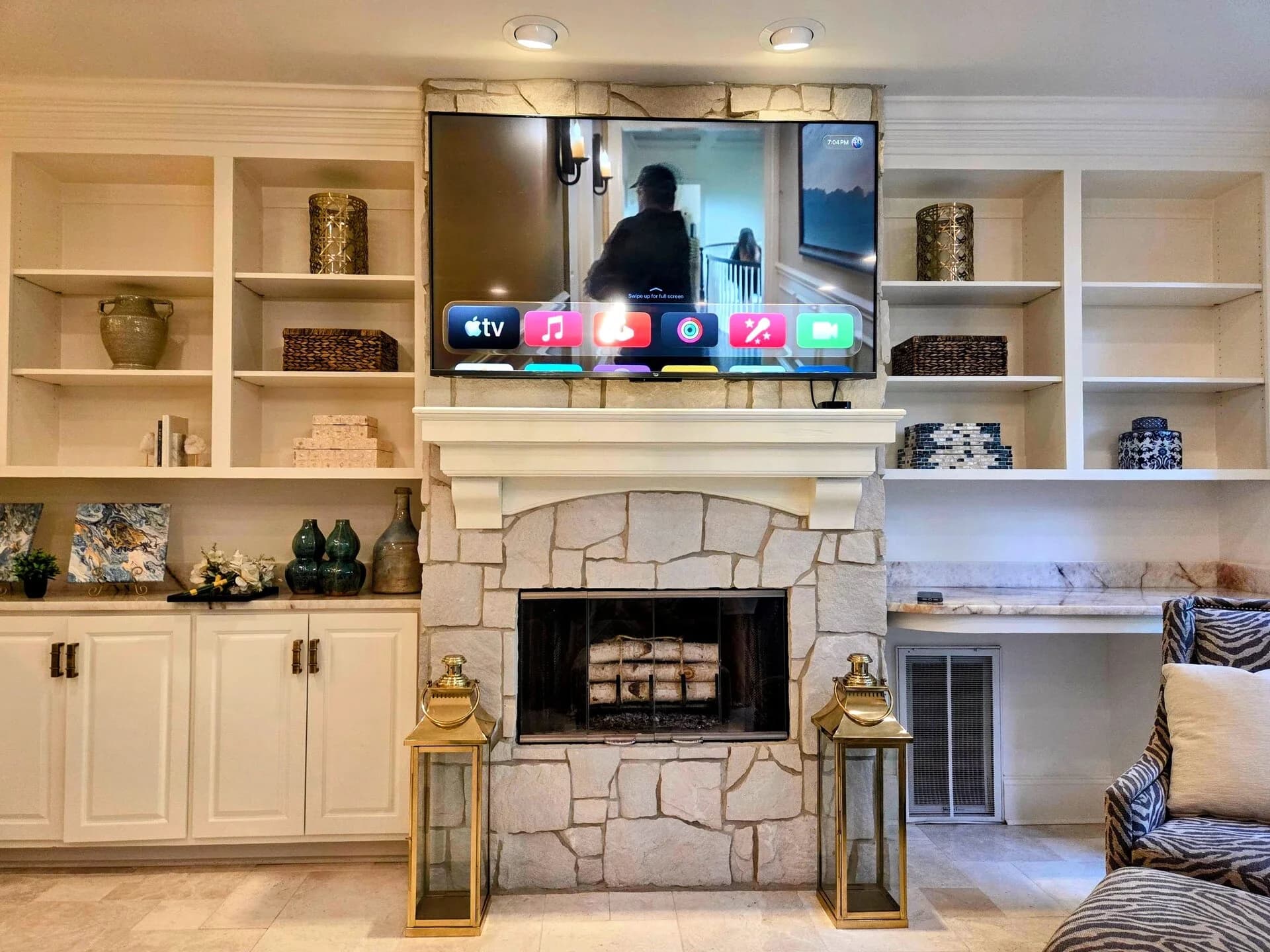 TV Mount — Stone Fireplace